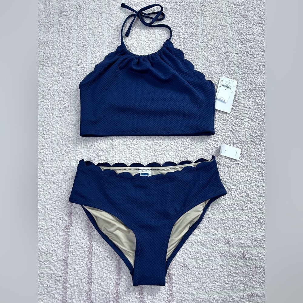 NWT Old Navy Scalloped Swim Bikini Set Navy Size XL Summer Vacation Beach